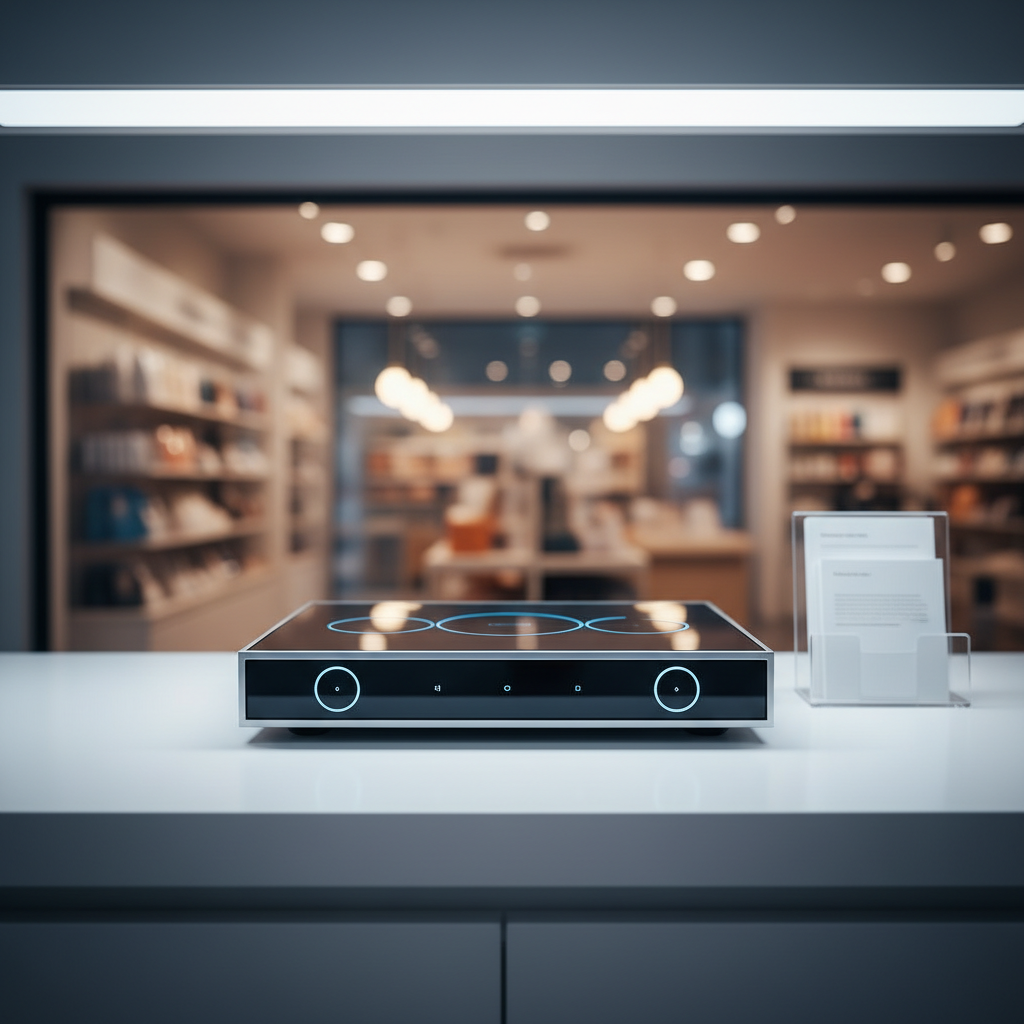 A clean cafe sound system with a small speaker on a wooden shelf